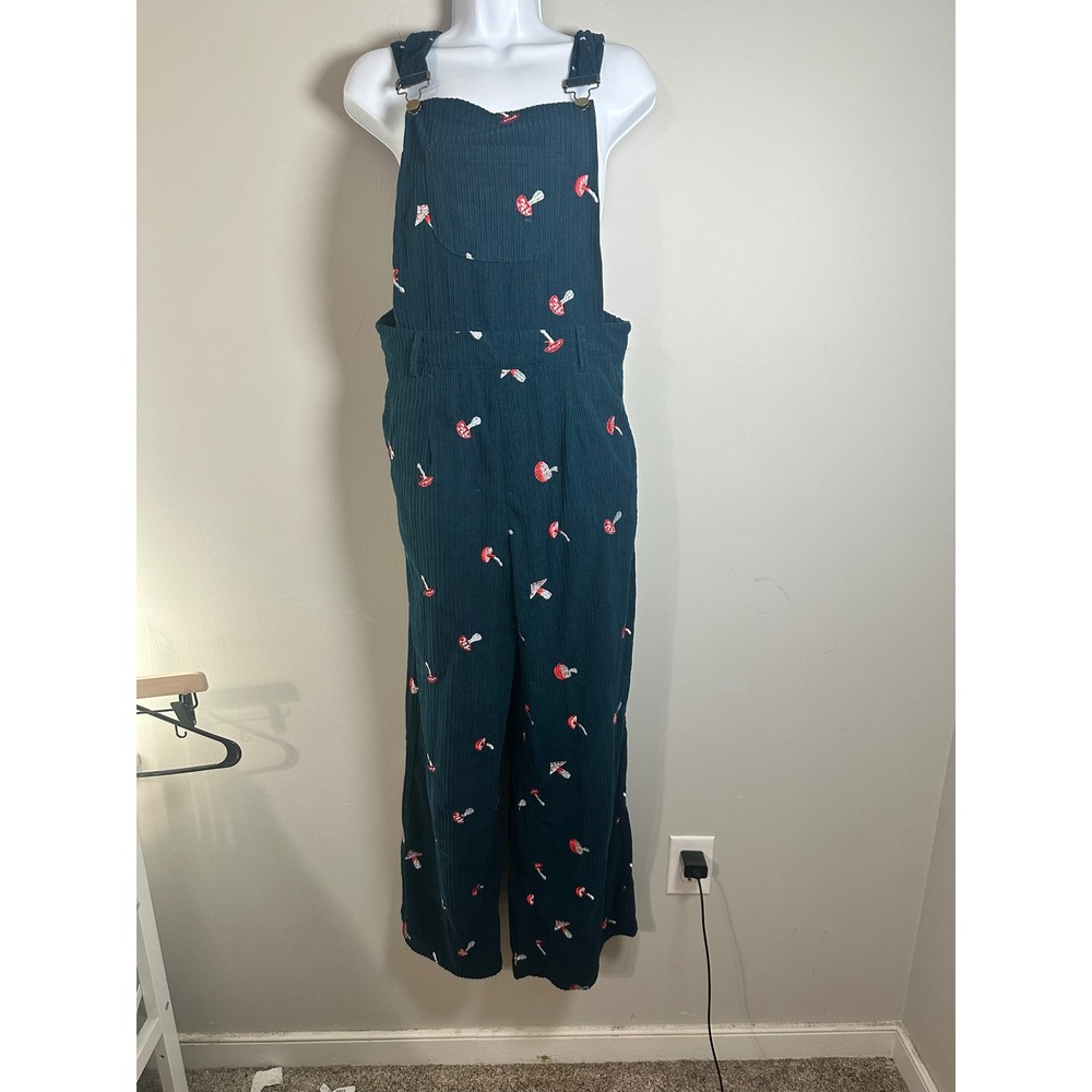 Cider Teal Corduroy Mushroom Embroidered Wide Leg Overalls Womens Medium - Picture 3 of 7